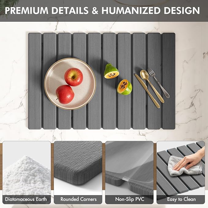 4 Pcs Stone Dish Drying Mat for Kitchen Counter, 24''x16'' Super Absorbent Diatomaceous Earth Stone Drying Mat Faucet Mat with 2 Coasters, Quick Dry Mat for Kitchen Counter Dishes Cups - Image 7