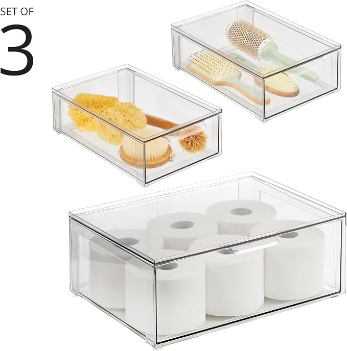 mDesign Plastic Stackable Bathroom Storage Organizer Bin Containers with Front Pull Drawer for Bathroom Countertop, Vanity, Closet Shelves - Holder for Accessories, Lumiere Collection, Set of 3, Clear - Image 3