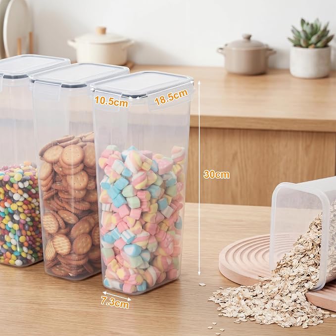 VINATO Set of 4 2.8L Airtight Storage Jars - BPA Free, Clear and Stackable Food Storage Boxes - with 24 Labels - For Cereals, Pasta, Flour - Image 2