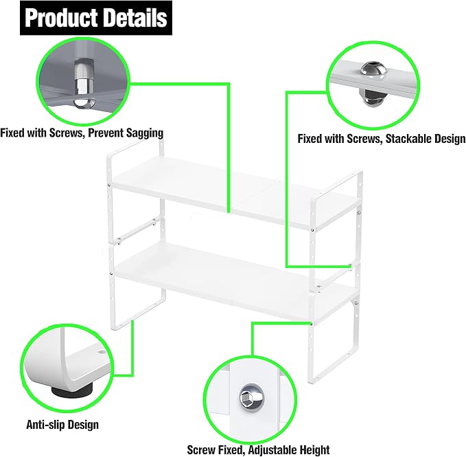 Expandable Kitchen Cabinet Storage Shelf, Stackable Metal Pantry Storage Shelves Organizer, Adjustable Height Counter Spice Rack for Kitchen Cabinet, Countertop, Pantry and Office - Image 4