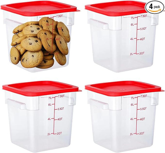 BIEAMA 4 Pack 8 Qt Square Food Storage Containers with Lids, NSF, Clear | Commercial polycarbonate containers with scale markings and handles; stackable for prep, brining, fermentation & bulk storage by BIEAMA