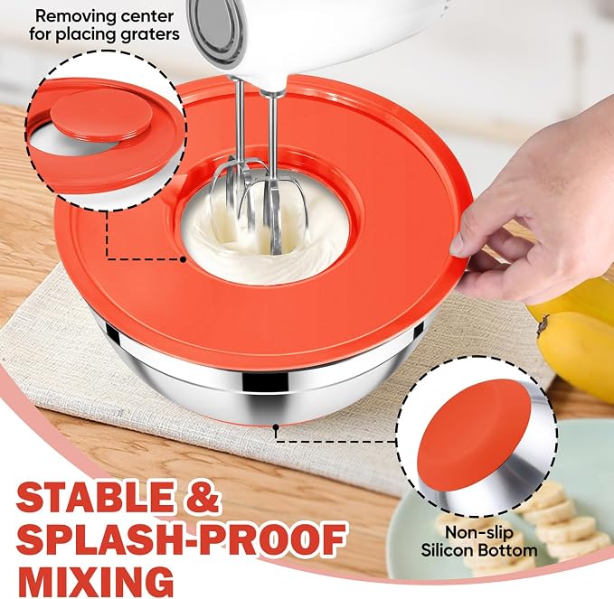 E-far Mixing Bowls with Lid Set, 25PCS Stainless Steel Nesting Prep Bowls with Grater Attachments Utensils Non-Slip Bottoms for Cooking, Baking, Serving, Food Storage, 4.6/2.6/2/1.5/1/0.7QT - Red - Image 4