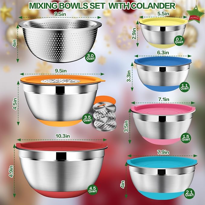 DUTZUN Mixing Bowls with Lids Set - 16pcs Stainless Steel Mixing Bowl Set with Colander, 3 Grater Attachments, Non-Slip Bottom, Metal Nesting Bowls with Strainer for Mixing & Serving - Multicolor - Image 2