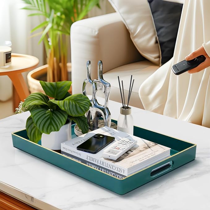 Teal Decorative Tray for Coffee Table, Serving Tray with Handles | Plastic Melamine Tray, Modern Ottoman Tray, Rectangular Countertop Organizer Tray for Living Room, 15.8"L x 10.2"W x 1.4"H - Image 5