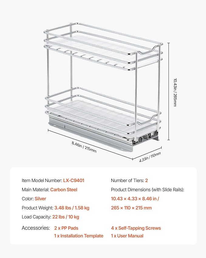 VEVOR Pull Out Spice Rack Organizer for Cabinet, 2 Tier Slide Out Spice Rack Organizer, Heavy Duty Metal Seasoning Kitchen Basket for Inside Cabinets & Pantry Closet, 4.33"W x 8.46"D x 10.43"H, Silver - Image 7
