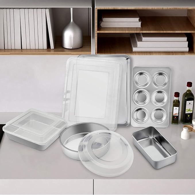 TeamFar Stainless Steel Bakeware Set of 5 | Baking Roasting Pan Set with Lid, Lasagna Pan with lid, Square & Round Cake Pan, Loaf Pan & Muffin Pan, Healthy & Sturdy - Image 5