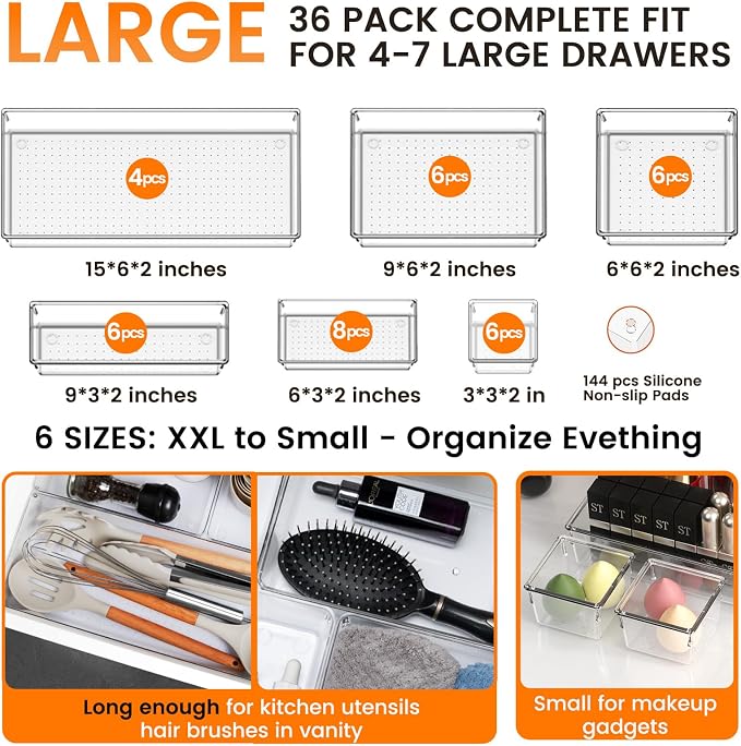 36 Pack Large Clear Plastic Drawer Organizer Bins - 6 Size Acrylic Kitchen Drawer Organization and Storage for Utensils Gadgets, Office Bathroom and Vanity Organizer for Makeup Accessoires - Image 2