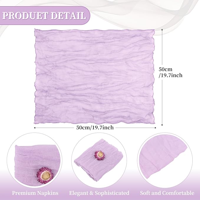 fani 60 Pack Gauze Cheesecloth Napkins, 20 x 20 in, Lavender | Wrinkled Table Napkins, Soft Cotton, Rustic Decorative, Weddings, Party, Dinner Table, Everyday Use - Image 2