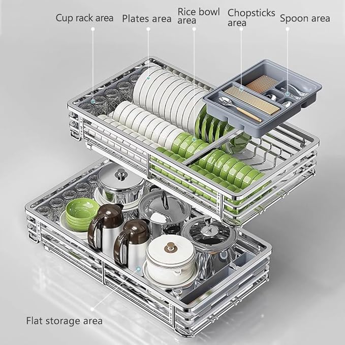 2 Tier Sliding Pull Out Drawers for Kitchen Cabinets, Stainless Steel Drawer Dish Rack Wire Basket, Dish Drying Rack with Drainboard Set, Storage Shelf Home Kitchen - Image 4