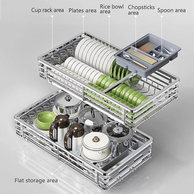 2 Tier Sliding Pull Out Drawers for Kitchen Cabinets, Stainless Steel Drawer Dish Rack Wire Basket, Dish Drying Rack with Drainboard Set, Storage Shelf Home Kitchen - Image 4