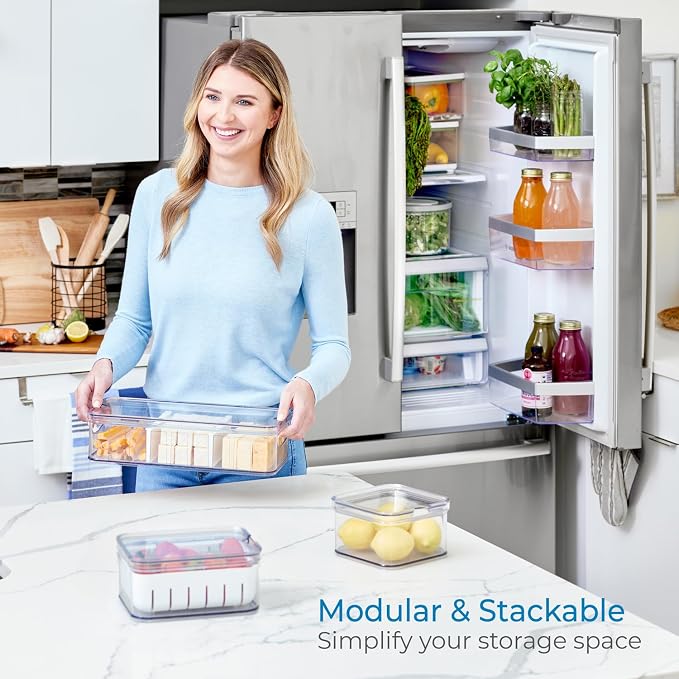 iDesign Crisp 3-Piece Recycled Plastic Refrigerator Organizer Bin Set with Lids, Clear/White - Image 5