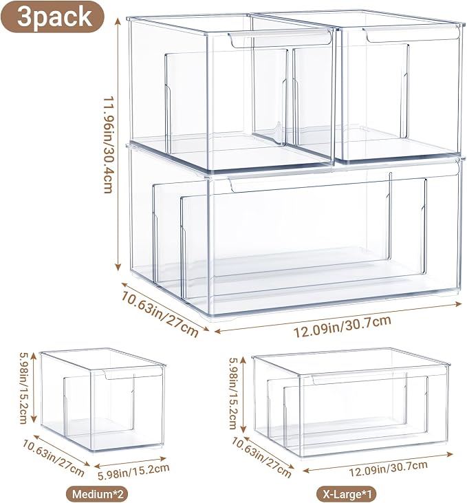 Clear Plastic Storage Bins with Dividers for Fridge Pantry Organizers and Storage Containers, 3 Pack Large Acrylic Stackable Sturdy Storage Boxes for Home Edit and Cabinet Organizers C6-2 - Image 2