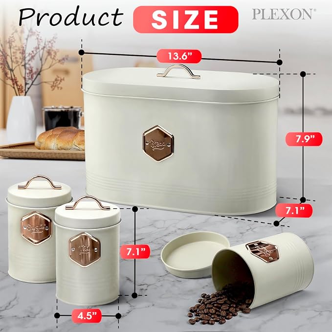 Bread Box for Kitchen Countertop with Coffee Sugar Tea Storage Containers, Bread Box and Canisters Set for the Kitchen with Lid, Beige - Image 2