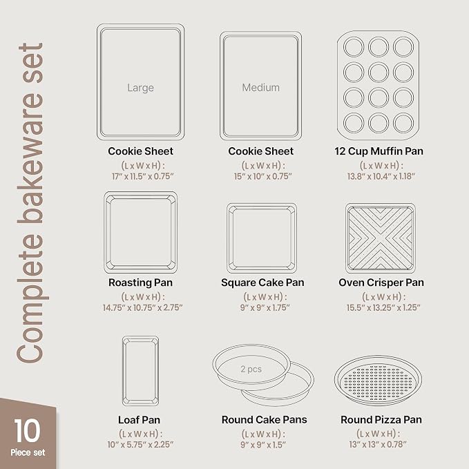 BAKKEN 10-Piece Kitchen Baking Pan Set - Commercial Grade Carbon Steel Bakeware, With Nonstick Coating, Stackable and Space-saving Design, PFOA, PFOS, PTFE Free, Oven Safe (Up To 450°F), Gray Marble - Image 2