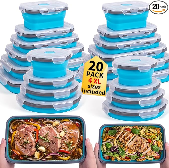 Collapsible Food Storage Containers with Lids 20 Pack(81oz/58oz Extra Large Included), 12 Rectangular+8 Round, Annaklin Silicone Collapsible Food Containers Sets Microwave Freezer Dishwasher Safe Blue by Annaklin