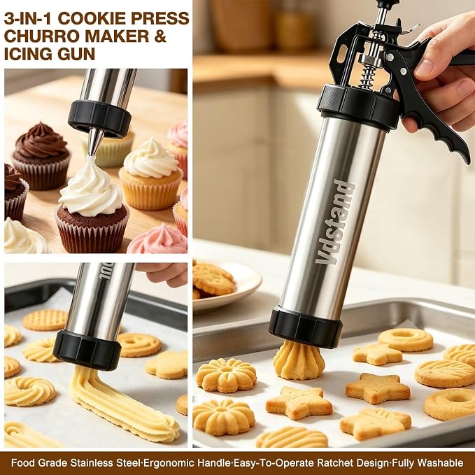 3-in-1 Cookie Press and Churro Maker, Stainless Steel Baking Gun | 11 cookie discs, 6 piping tips, filling nozzle, reusable piping bag, 2 cleaning brushes, for cookies, churros and icing - Image 2