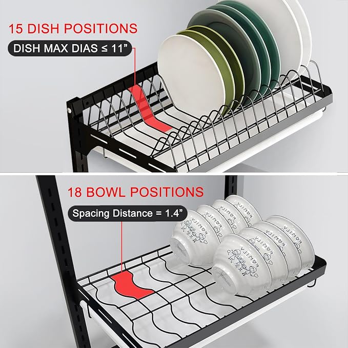 Hanging Dish Drying Rack, Wall Mounted Dish Rack Kitchen, 2 Tier Plate Organizer Wall Mount, Stainless Steel Dish Drainer Storage Shelf with Drainboard, Cutlery Holder, Black, Ajustable Height ( 16" ) - Image 3