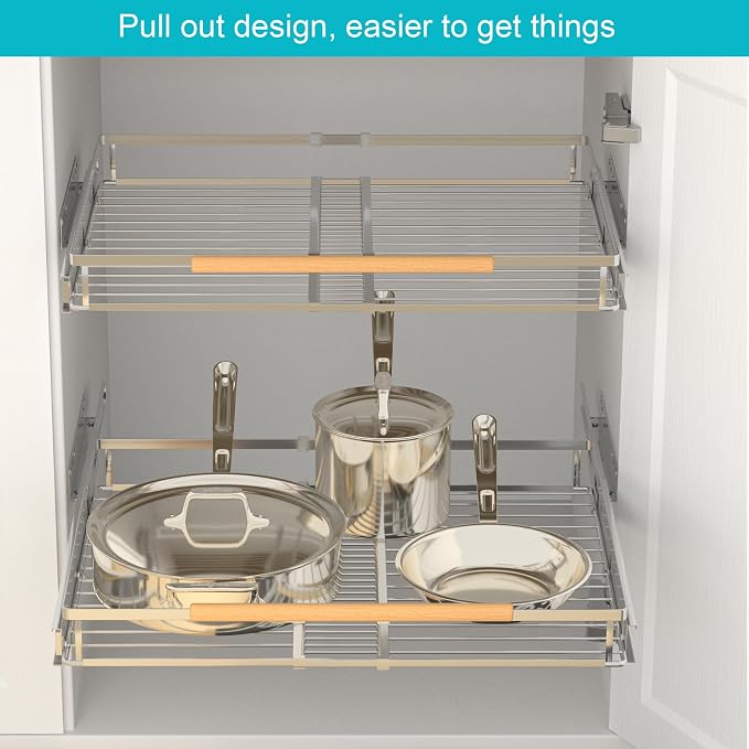 2 Pack Pull Out Cabinet Drawer Shelf Organizer, Extendable Sliding Slide Out Pantry Shelves Storage Heavy Duty for Kitchen Cabinets Under Sink, Adjustable Width 17.1~28" W x 22.4" D - Image 6