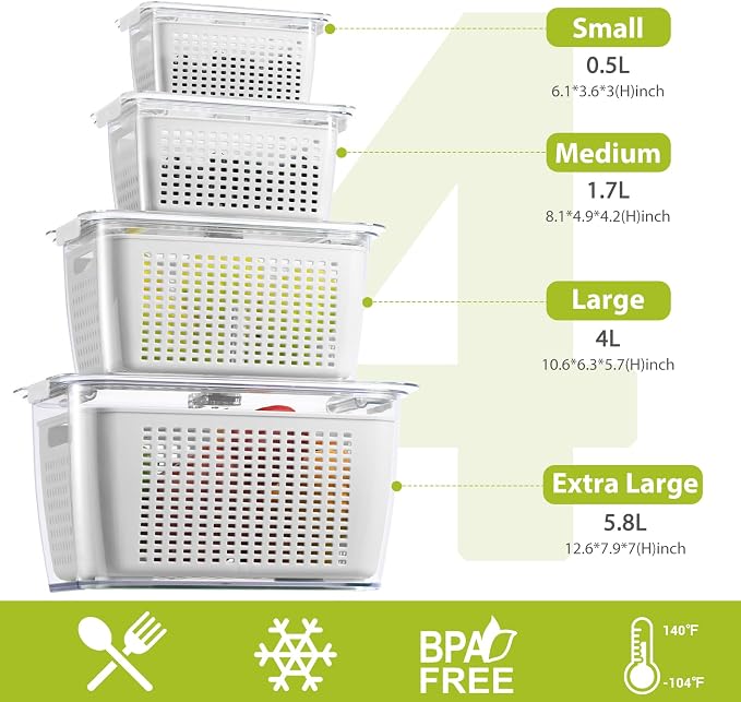 LUXEAR 4 Pack Fruit Vegetable Containers for Fridge, Produce Saver Container with Lids &Removable Colander BPA-free Refrigerator Storage Organizer for Fruit Vegetable, Berry, Meat keep Fresh Longer - Image 2