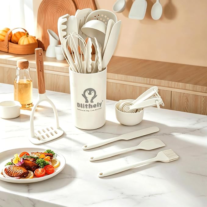 Large Silicone Kitchen Utensils Set with Holder, 25Pcs Cooking Utensil Set with Wooden Handle, Heat Resistant Spatula Sets for Cooking, BPA Free Silicone Utensils Set for Non-Stick Cookware(White) - Image 4