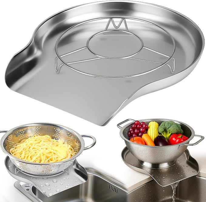 Palksky Colander and Strainer Self Drainer Base Plate Stainless Steel for Kitchen, Metal Countertop Draining Tray for Pasta Rice Noodle Fruit Veggie Food Strainer & Ceramic Colander by Palksky