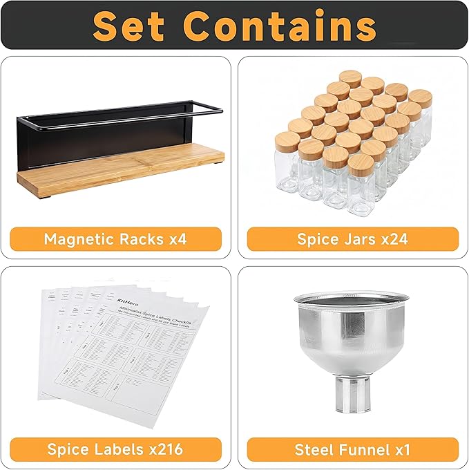 Bamboo Magnetic Spice Rack for Refrigerator, Space Saving Complete Set with 24 Bamboo Lid Glass Jars, 216 Waterproof Labels & Steel Funnel, Fridge Spice Organizer, 11.6" W x 2.4" D x 3.2" H - Image 2