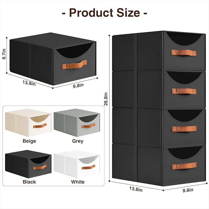 Stackable Storage Drawers - Collapsible Storage Bins with Drawers, 6 Pack Closet Shelf Organizer Basket, Fabric Pull Out Organizer for Bedroom, Living Room, Dorm, Black - Image 3