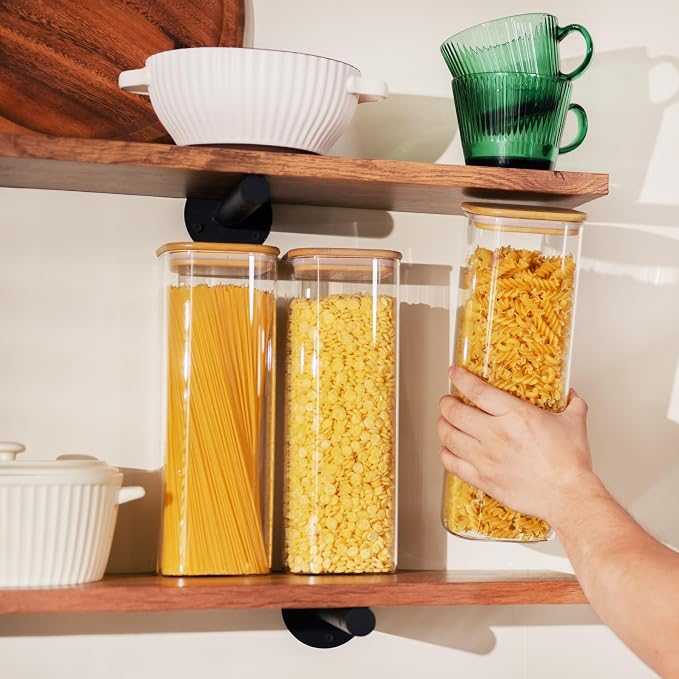 D2scrma 71oz Glass Square Storage Containers with Bamboo Lids Set of 3 (2100ml) Tall Food Storage Canisters Kitchen Jars for Pantry Organization Pasta, Penne, Macaroni, Lasagna, Fusilli - Image 6