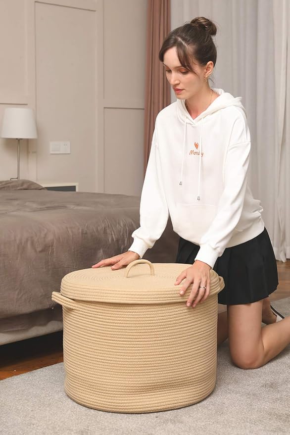 20x15 Inch Extra Large Round Cotton Rope Storage Basket with Lid, Decorative Woven Bin with Cover for Living Room Bedroom Closet, Beige - Image 7