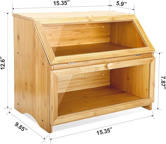 HOMEKOKO Double Layer Bread Box for Kitchen Countertop, Natural Bamboo | Keeps Bread Fresh 3-4 Days, Large Capacity Fits 2+ Loaves, Suitable For Home Kitchen Food Storage Use, See-Through Window - Image 6
