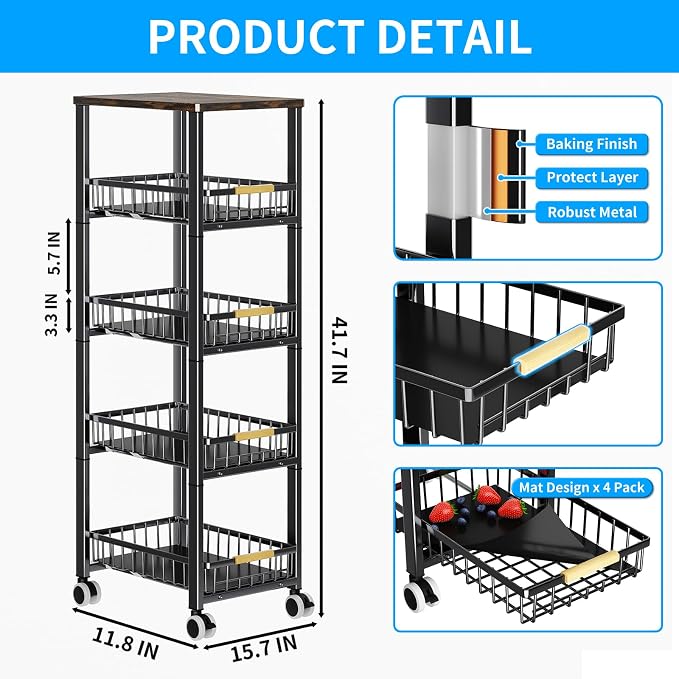 Fruit Vegetable Storage Basket for Kitchen, 5 Tier Large Pull-Out Metal Wire Baskets with 4 Pack Mats Bottom, Wood Top and Wheels, Vegetable Produce Bins Stand Cart Rack for Onions and Potatoes - Image 5