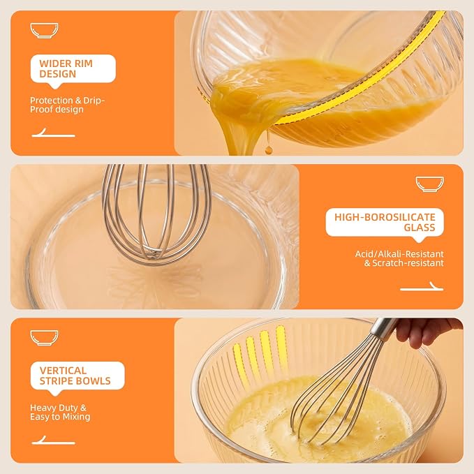 Glass Mixing Bowls with Lids Sets - 6 Packs Size: 5.9-3.7-2.1-1-0.5-0.2QT, Borosilicate Nesting Glass Bowls Containers for Baking,Salad,Meal Prep,Serving,Food Storage,BPA Free & Dishwasher Safe - Image 2