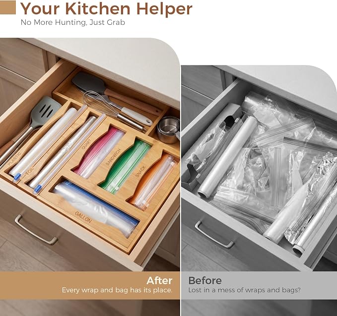 6-in-1 Bamboo Kitchen Drawer Organizer for Storage Bag, Foil & Plastic Wrap - Image 5