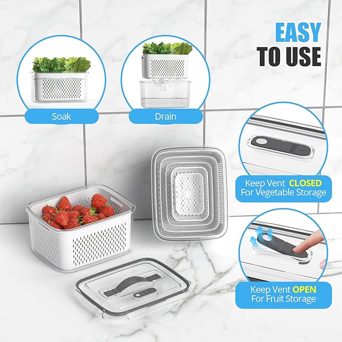 damynuo 10Pack Fruit Storage Containers for Fridge - Berry Containers with Vent and Handle Lids, Fruit Containers for Fridge with Colander, lettuce keeper for Refrigerator Organizers and Storage - Image 4