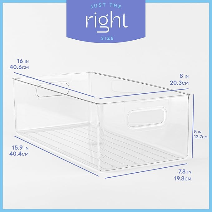Plastic Food Storage 6 Pack Clear Container Bin with Handles for Organizing Kitchen, Pantry, Refrigerator, Freezer, Pantry, Cabinet, Closet, Bathroom. 16”x8”x5” - Image 3