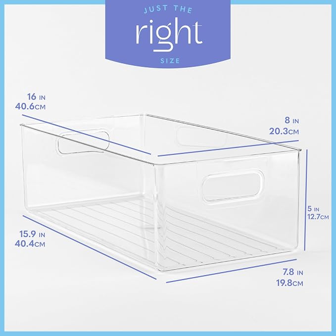 Plastic Food Storage 2 Pack Clear Container Bin with Handles for Organizing Kitchen, Pantry, Refrigerator, Freezer, Pantry, Cabinet, Closet, Bathroom. 16”x8”x5” - Image 3