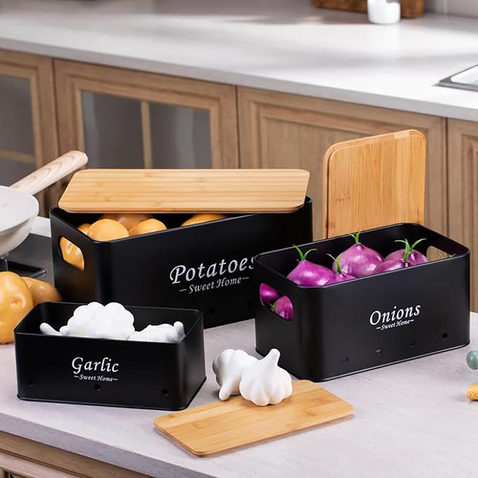 Kitchen Vegetable Storage Tins Set Of 3, Potato Onion Garlic Canisters | Storing potatoes, onions, and garlic. Features aerating holes to keep vegetables fresh and wooden lids for a stylish look - Image 2