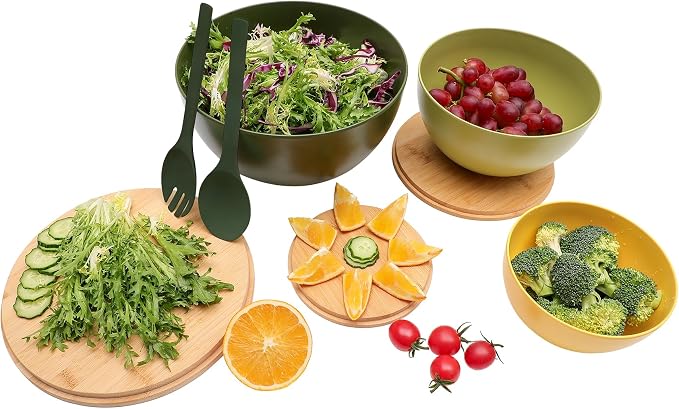 ECOWAY Salad Bowls Set of 3 with Lid & Serving Utensils, Colorful Serving Bowls, Bamboo Fiber Salad Bowls with Bamboo Lid, Kitchen Bowls for Salad, Kitchen Eating, Pasta, Popcorn, Fruit (3 Colors) - Image 7