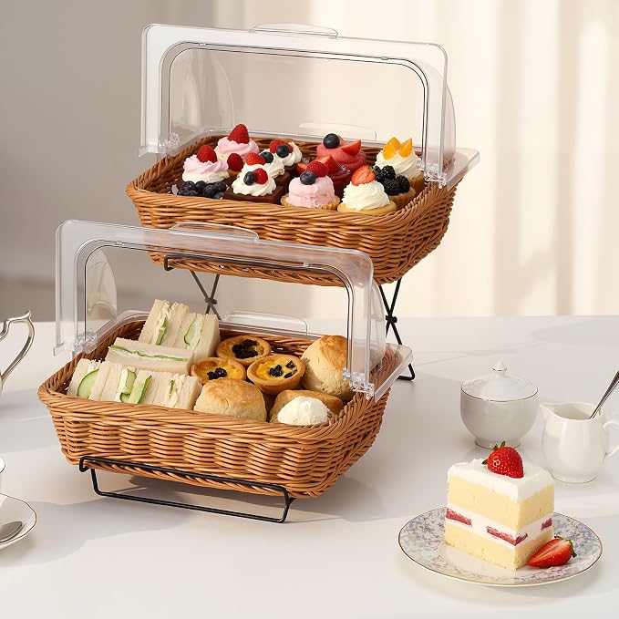 2 Pack Imitation Rattan Plastic Bread Basket, with Acrylic Lid and Metal Display Stand Rectangle Woven Fruit Basket for Food Display Tabletop, 13.78 x 9.84'' (Flip Top Food Cover) - Image 4