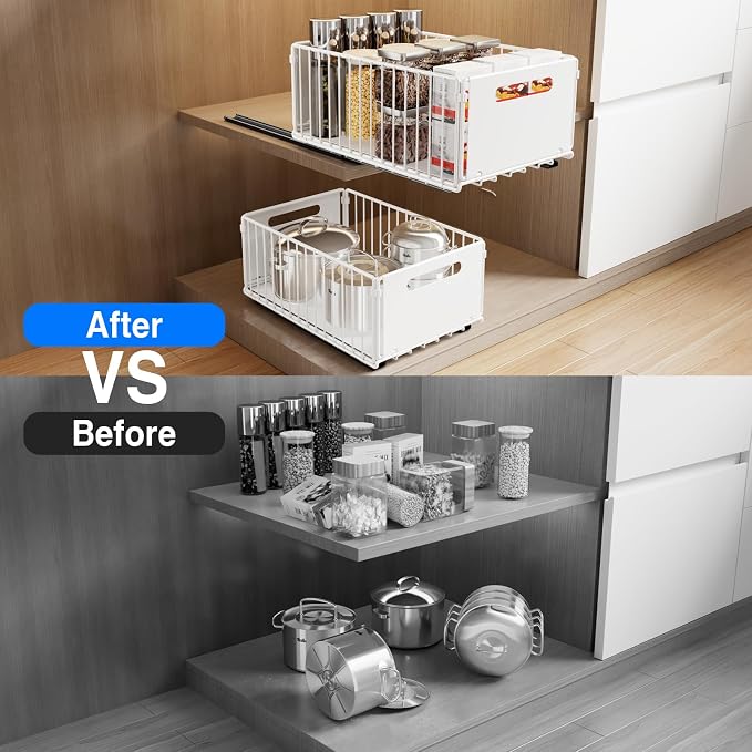 Mustorn 2 Pack Pull Out Cabinet Organizer, Slide Out Drawers for Cabinets, Peel and Stick, Heavy Duty Shelves for Kitchen, Cupboard, Pantry, Bathroom (14.76" D*9.65" W*7.87" H-White) - Image 6