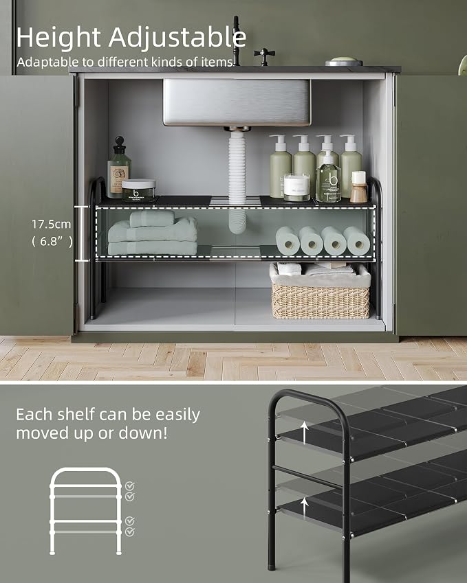 Under Sink Organizers and Storage,Expandable under cabinet organizer Shelf | 2 tier expandable shelf for kitchen,bathroom,shoe rack,8 Removable ABS Panels,Adjustable partition height,20.6-32.2" W,2 Pcs - Image 4