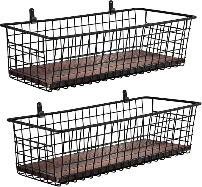 SheeChung [Extra Large Wall Storage Basket, Metal Hanging Basket, Black | Wooden Base & Handle, Wire Farmhouse Food Storage Organizer for Home Kitchen Bathroom Pantry Laundry Closet Garage RV, 2 Pack - Image 2