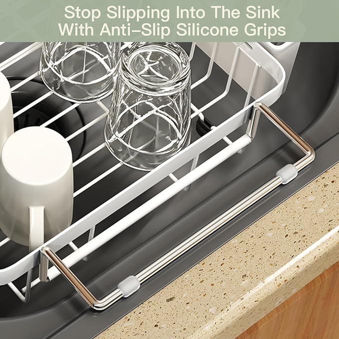 White Dish Drying Rack Over The Sink with Utensil Holder | Expandable Stainless Steel Dish Drainer for Small Kitchen, Apartment, RV, Counter Space Saving, Perfect Fit, Rustproof - Image 6
