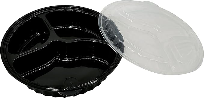 3 Compartment 33oz Black Round Meal Prep Containers with Lids, Reusable Bento Box, Food Storage Containers | BPA Free | Stackable | Lunch Boxes, Microwave/Dishwasher/Freezer Safe (25) - Image 2