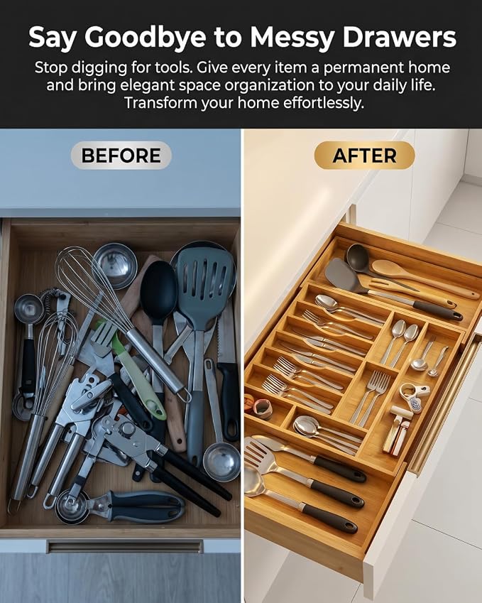 Expandable Bamboo Silverware Drawer Organizer – Adjustable 33" Wide Wooden Utensil Tray with 11-Compartments, Large Kitchen Flatware & Spoon Holder, Natural Solid Wood for Drawers - Image 6