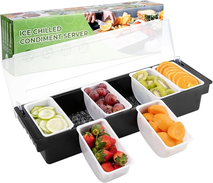Ice Cooled Condiment Caddy with Lid, 6 Removable Bins | Ice chamber keeps toppings chilled, quick refill & easy cleaning, frosted cover, carry handles, for bars buffets parties - Image 7