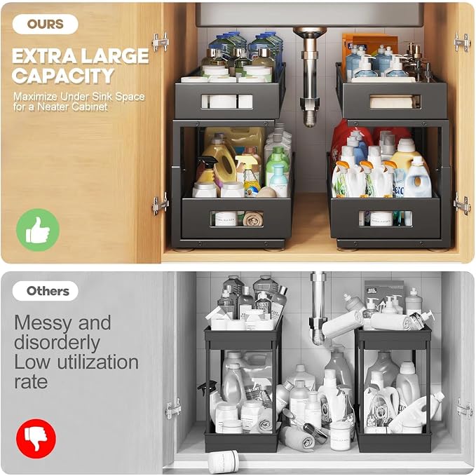 2 Packs 21IN Depth Under Sink Organizer, 2-Tier Pull Out Cabinet Organizer With Smooth Circular Rail, Large Capacity Metal Mesh Sliding Drawers For Bathroom& Kitchen Storage,Height Adjustable-Black - Image 3