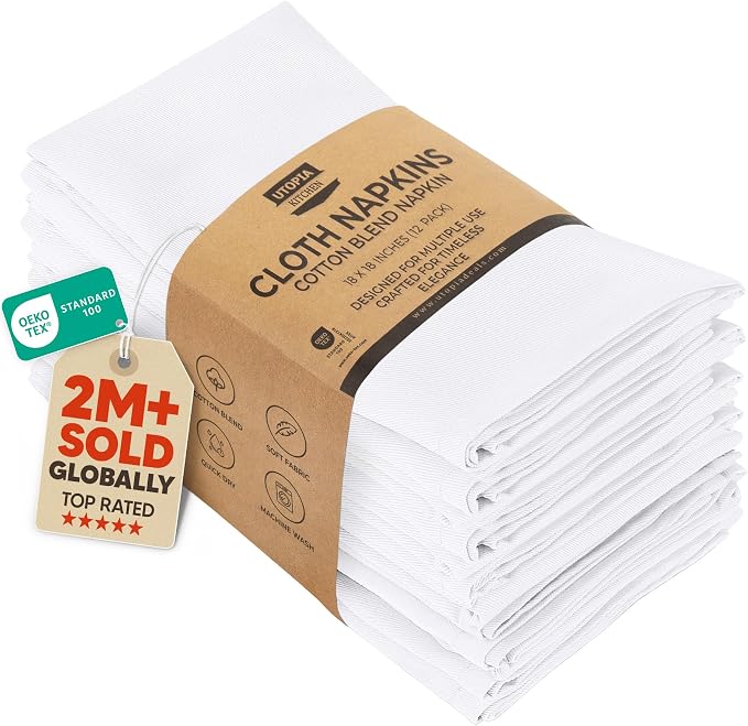 Utopia Kitchen Cotton Blend White Cloth Napkins [12 Pack, 18x18 Inch] | Absorbent Washable and Reusable for Dinner, Restaurant, Lunch, Wedding and Hotel by UTOPIAKITCHEN