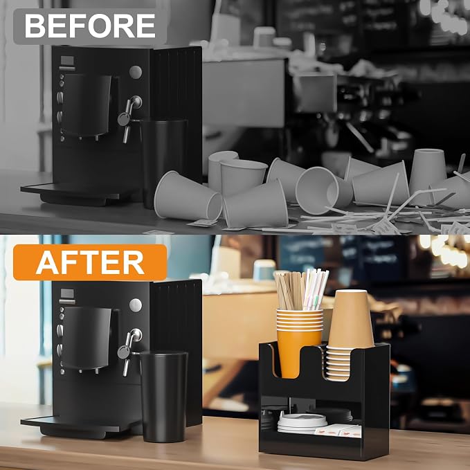 Beego 3-Compartment Cup Holder for Countertop - 2-Tier Black Acrylic Cup Dispenser Coffee Station Paper Cup and Lid Organizer Condiment Storage for Restaurant Breakroom Kitchen Bar Accessories - Image 7