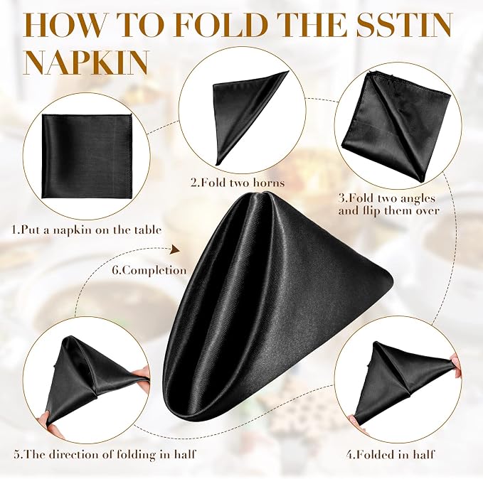 Tegeme 100 Pcs 17 x 17 Inch Black Satin Napkins Bulk Square Cloth Napkins Set Soft Silk, Hemmed Edges, Washable and Reusable for Party Wedding Dinner Banquet Restaurant Table Decorations(Black) - Image 3